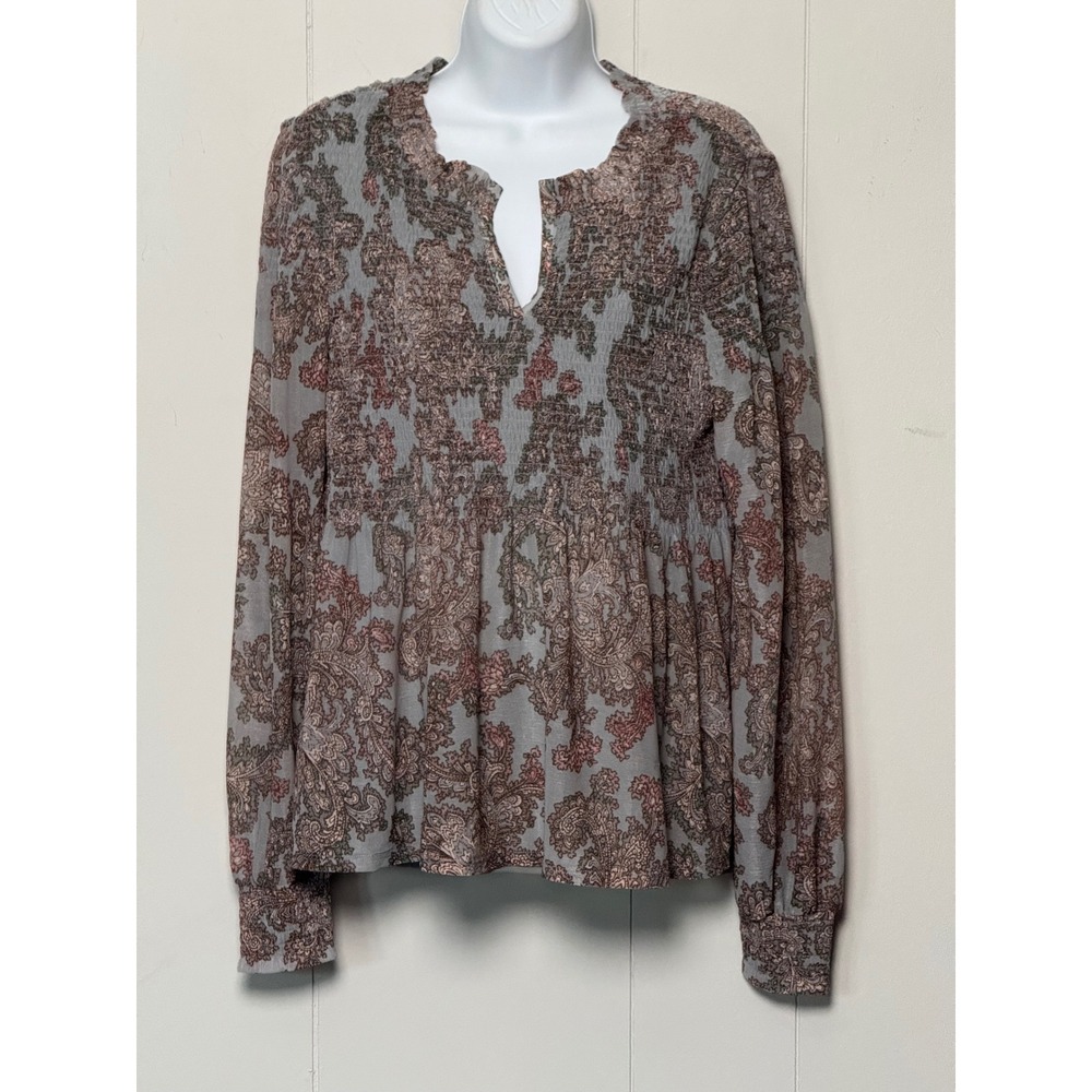 Akemi + Kin Anthropologie Smocked Paisley Blouse Blue Mauve Boho Top Size Small